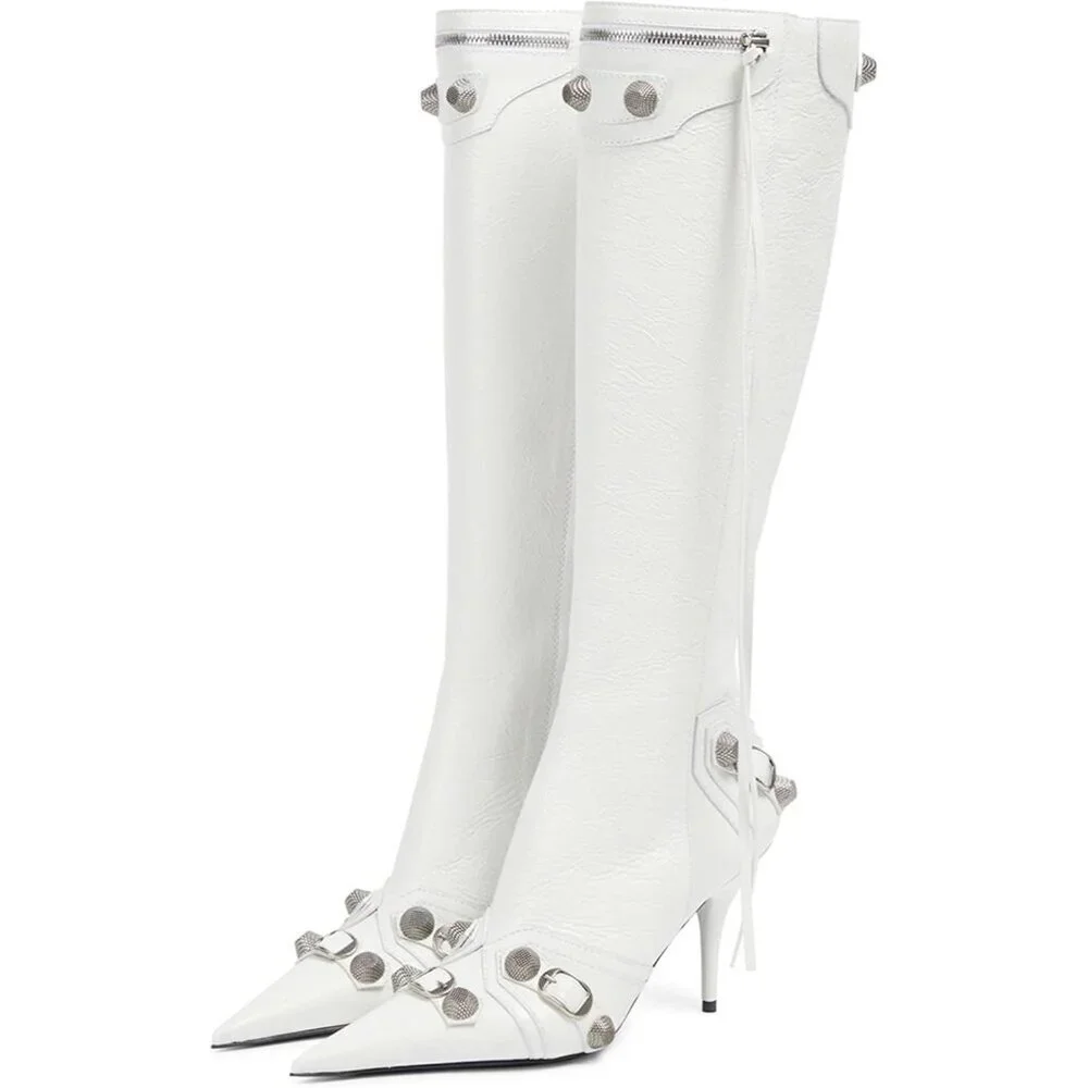 Women's Faux Leather White Stiletto Knee High Pointed Toe High Heel Zipper Boots